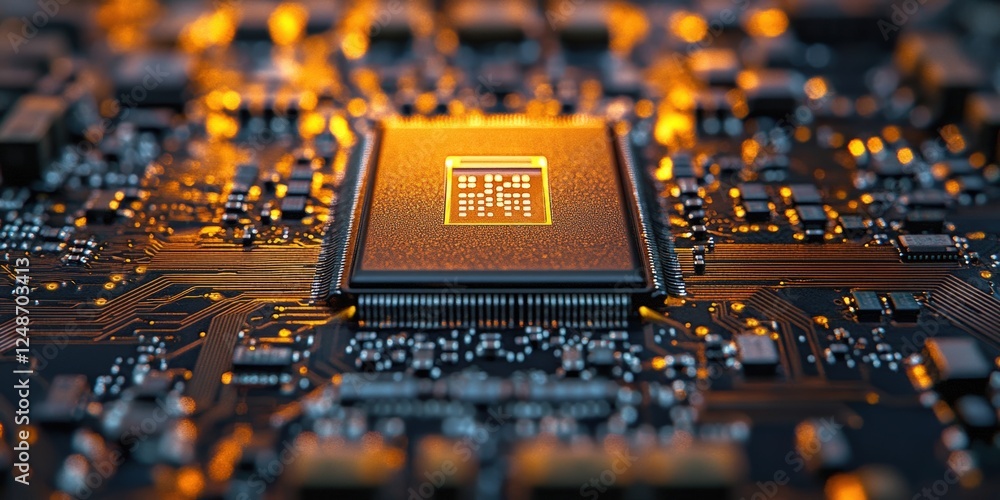 Poster high resolution close-up of an integrated circuit with glowing elements for technology and electroni