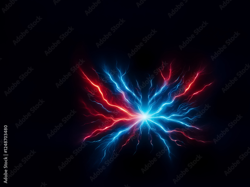 Poster vibrant red and blue lightning bolts burst from a central point against a stark black backdrop, crea