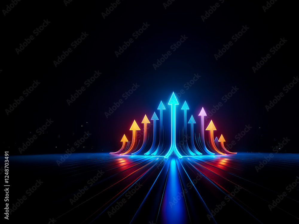Poster vibrant arrows ascend from a dark plane, illuminated in glowing blue and orange hues, symbolizing pr