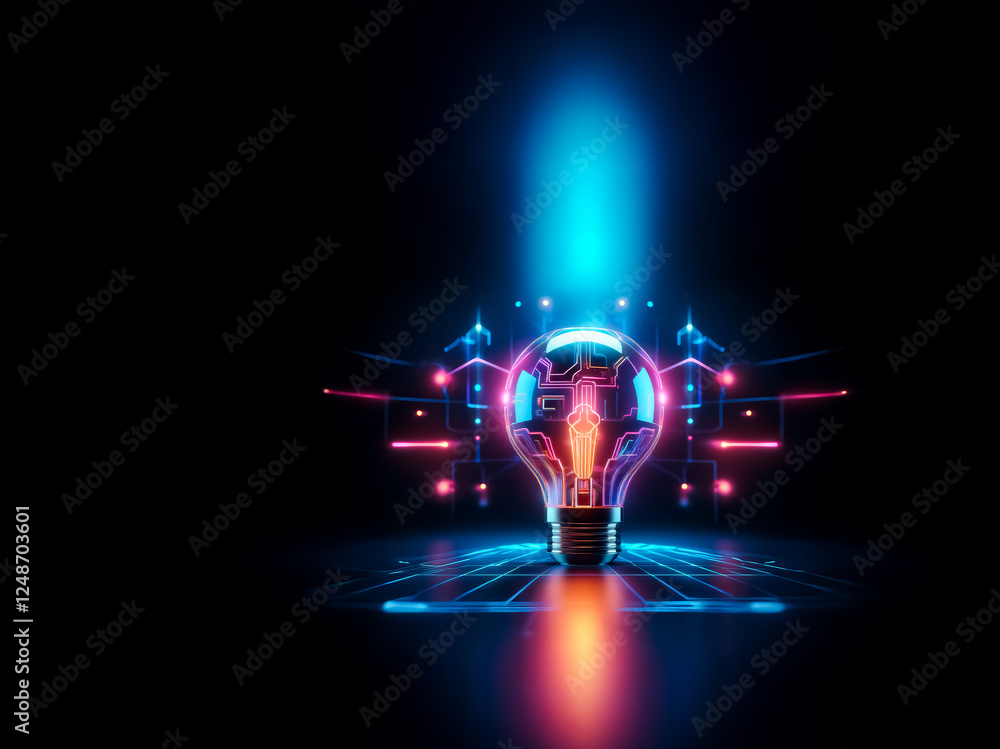 Poster a glowing lightbulb with circuit board patterns emits a bright blue light beam against a dark backdr