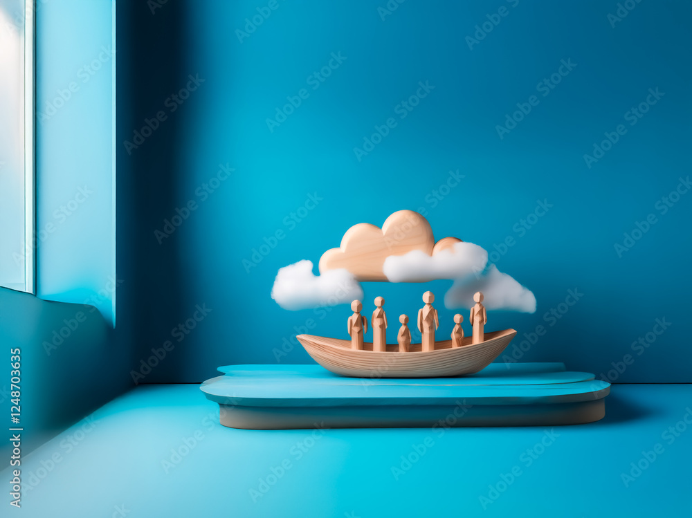 Aufkleber A wooden boat with small figures inside sits on a platform under a cloud in a blue studio setting. Simple, stylized 3D render with clean lines and minimal design.