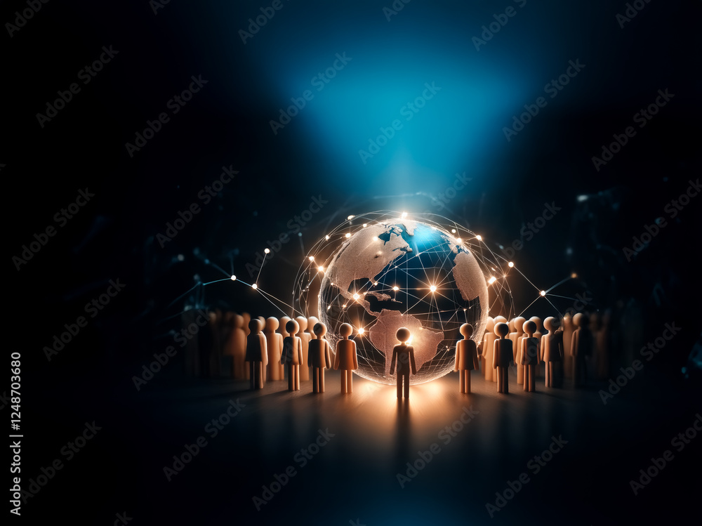 Poster illuminated globe encircled by figures, connected by network lines in a dark scene, spotlight effect