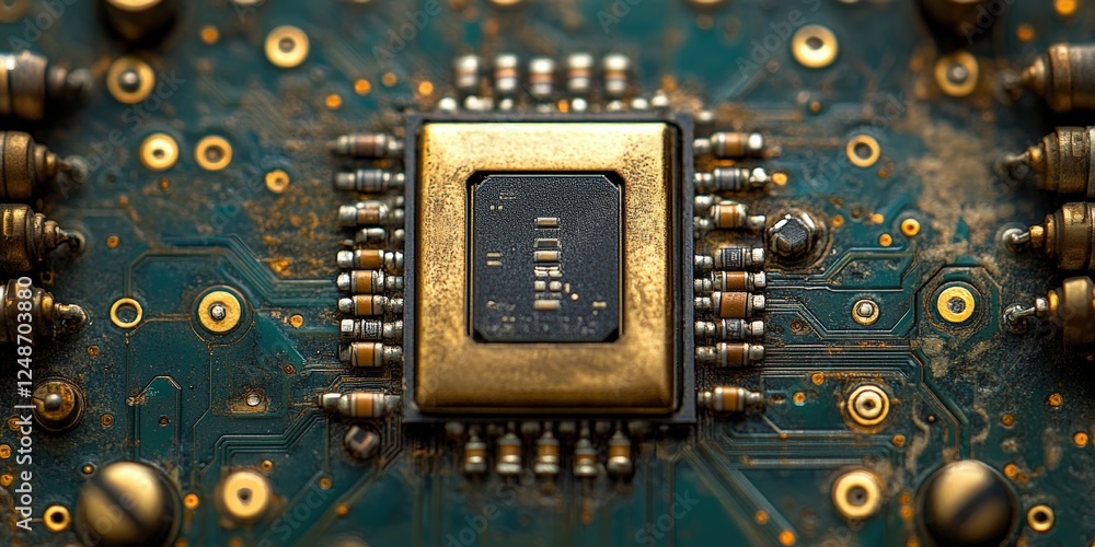 Poster high-resolution image of an integrated circuit with detailed components and patterns capturing techn