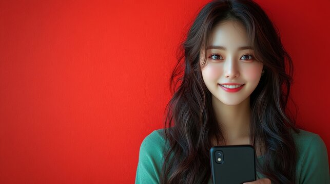 Hermosa mujer, sonriente, con tel&eacute;fono en mano pillada por la c&aacute;mara fotogr&aacute;fica.