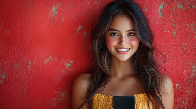 Hermosa mujer, sonriente, con tel&eacute;fono en mano pillada por la c&aacute;mara fotogr&aacute;fica.