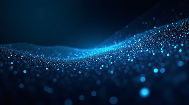 Abstract blue glowing particles wave on dark background with copy space. Digital sparkles flow. Futuristic technology, concept