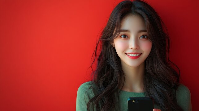 Hermosa mujer, sonriente, con tel&eacute;fono en mano pillada por la c&aacute;mara fotogr&aacute;fica.