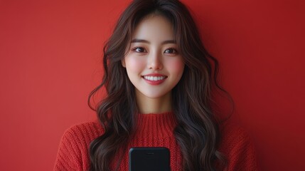 Fototapeta premium Hermosa mujer, sonriente, con teléfono en mano pillada por la cámara fotográfica.