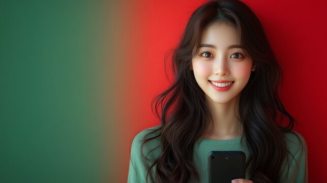 Hermosa mujer, sonriente, con tel&eacute;fono en mano pillada por la c&aacute;mara fotogr&aacute;fica.