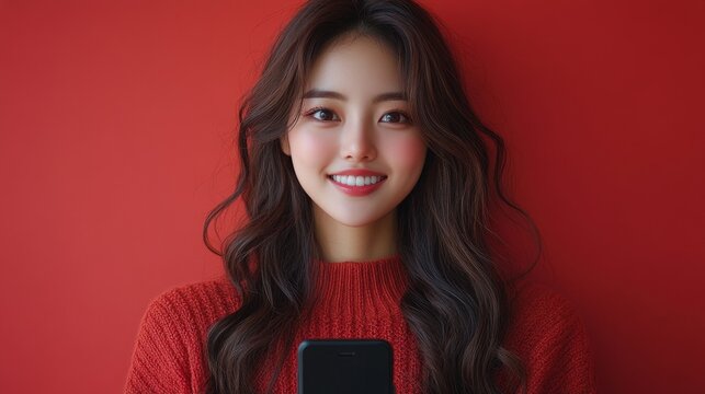 Hermosa mujer, sonriente, con tel&eacute;fono en mano pillada por la c&aacute;mara fotogr&aacute;fica.