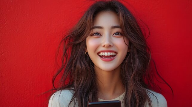 Hermosa mujer, sonriente, con tel&eacute;fono en mano pillada por la c&aacute;mara fotogr&aacute;fica.