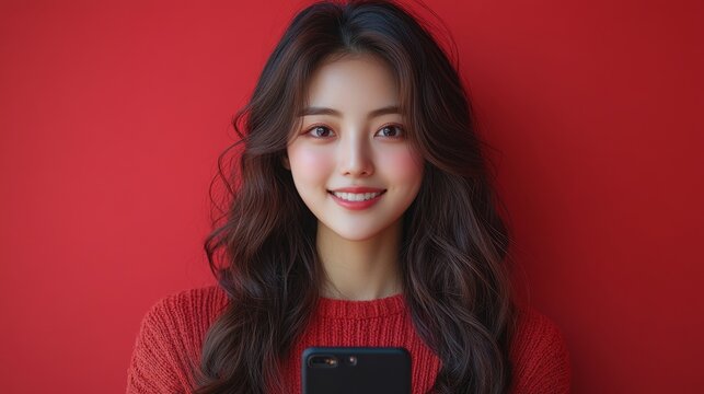 Hermosa mujer, sonriente, con tel&eacute;fono en mano pillada por la c&aacute;mara fotogr&aacute;fica.