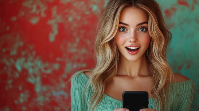 Hermosa mujer, sonriente, con tel&eacute;fono en mano pillada por la c&aacute;mara fotogr&aacute;fica.