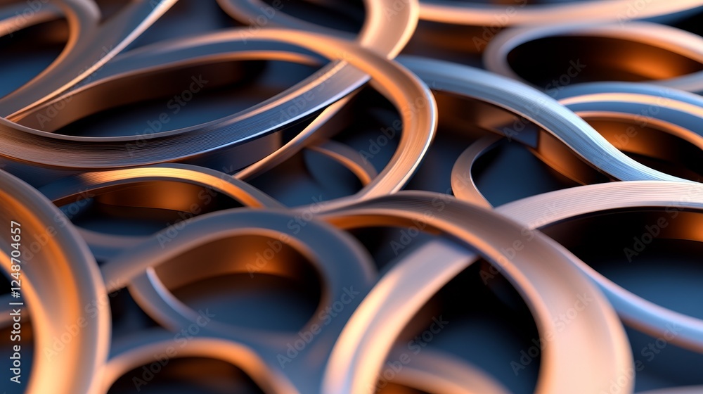 Poster abstract close-up of intertwined metallic loops with warm lighting on a dark background
