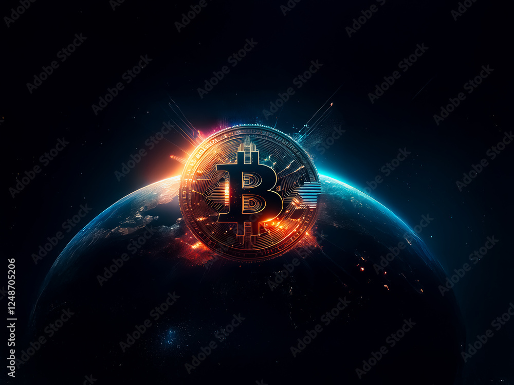 Poster a glowing bitcoin symbol dominates the view over planet earth in the dark expanse of space, represen