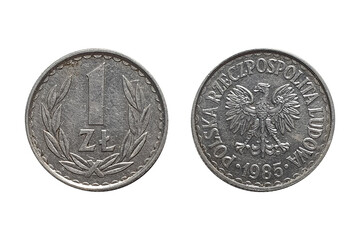 Coin 1 Zloty 1985. Coin of Poland. Coin 1 zloty 1985 Obverse and Reverse on white background. The White Eagle, national coat of arms of Poland, mintmark if present under a claw to the right