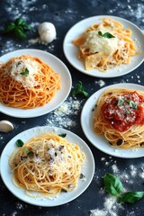 A close-up shot of three plates of spaghetti with tomato sauce and parmesan cheese