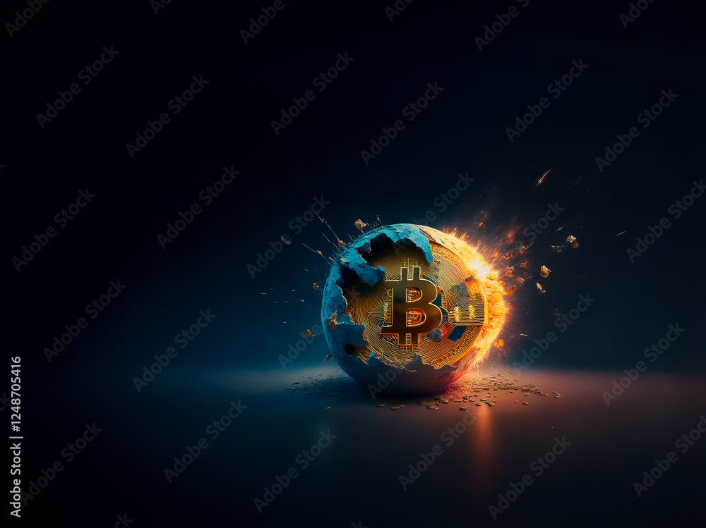 Aufkleber A golden bitcoin symbol embedded in a globe appears to be bursting apart with bright orange light emanating from the point of impact against a dark backdrop.
