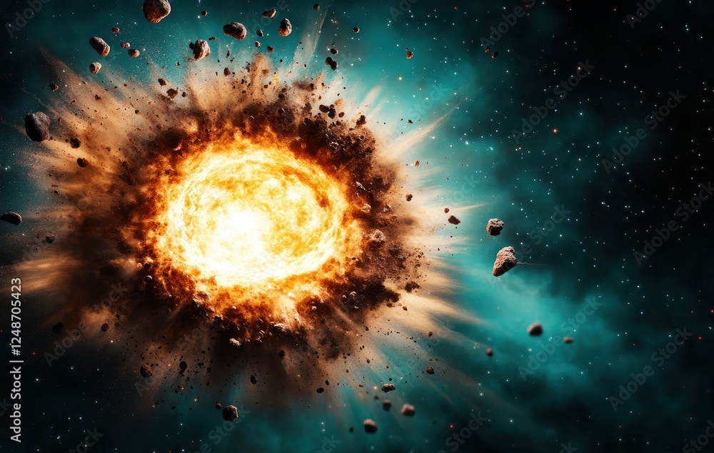 Poster explosive cosmic event with bright fireball and debris in deep space against a starry background
