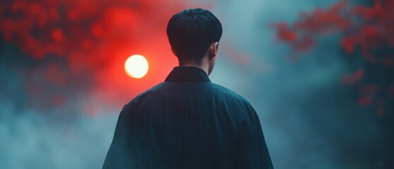 man in traditional garment watches the sunset in a misty landscape