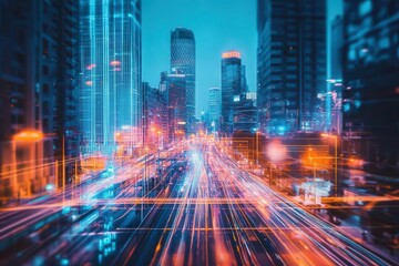 Fototapeta premium gleaming smart metropolis at twilight, holographic data streams flowing between crystalline skyscrapers, aerial drones weaving through neon-lit streets, cyberpunk atmosphere