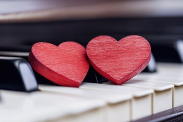 Two wooden hearts sitting on a piano