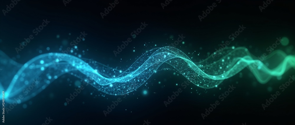 Poster abstract blue and green glowing particles wave on dark background with copy space. digital sparkles 