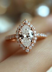 Sparkling marquise cut diamond ring displayed on a delicate hand against a blurred background
