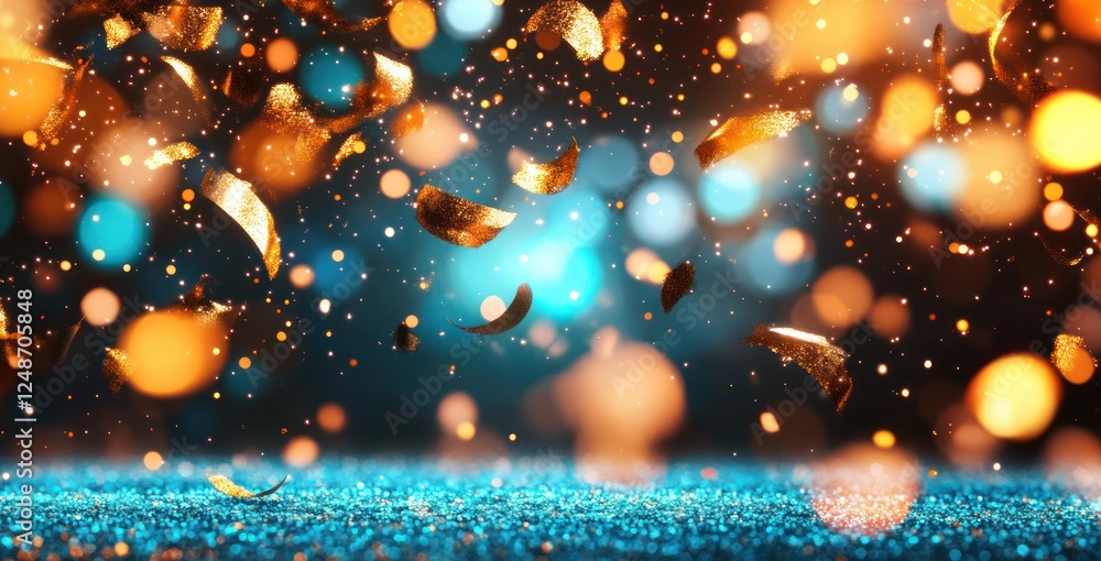 Poster sparkling confetti and glittering particles floating against a dazzling blue background in a festive