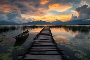 Fototapeta premium Sunset lake pier, boat, mountains, calm, serene, travel postcard