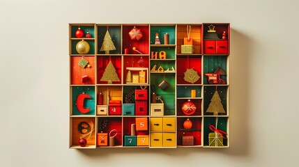 A holiday advent calendar with vibrant colors and detailed compartments, displayed on a clean white background.