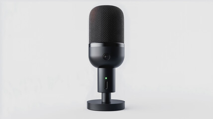 A black microphone with a stand. 