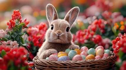 A fluffy brown bunny surrounded by colorful Easter eggs in a vibrant flower garden, capturing the essence of spring and festive celebrations in a joyful and lively atmosphere.