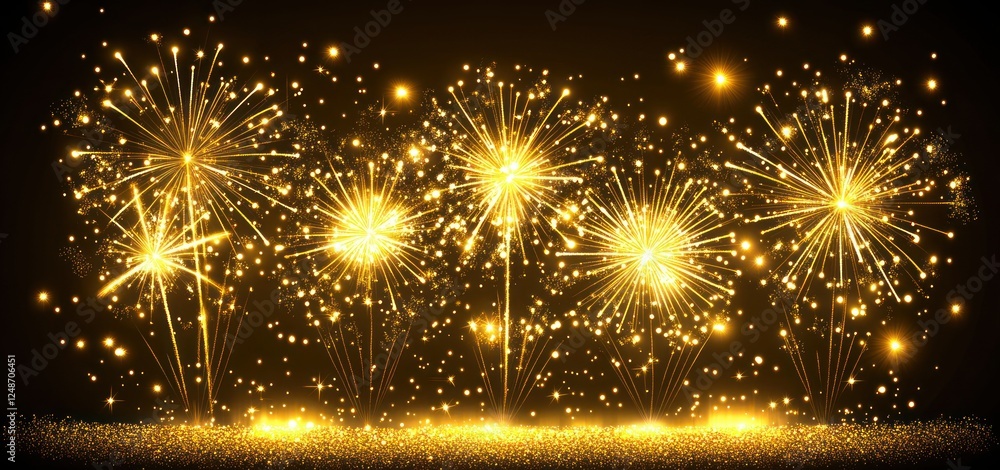 Poster vibrant and sparkling golden fireworks display against a dark background creating a festive atmosphe