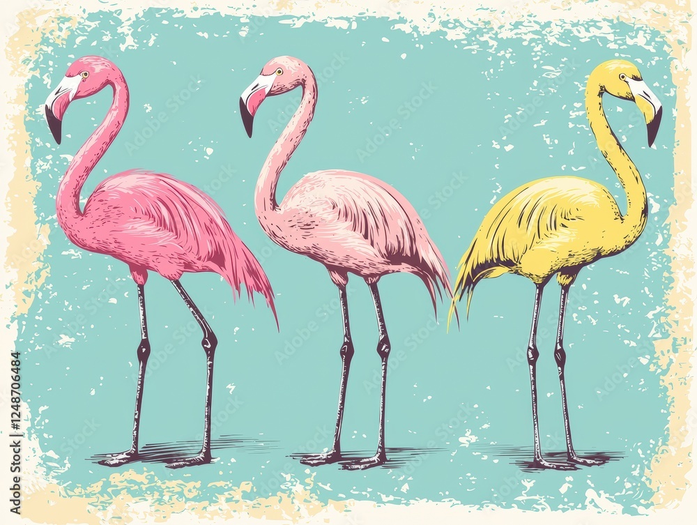 Poster vintage vector illustration of three colorful flamingos in a simple retro style on a soft teal backg
