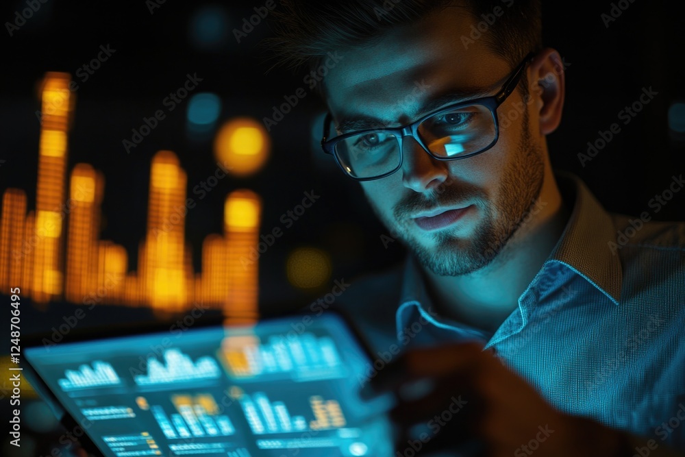 Poster a person examining a tablet computer, possibly searching for information or taking notes