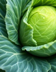 Fototapeta premium Close-up of vibrant green cabbage with intricate leaf vein patterns and dew drops