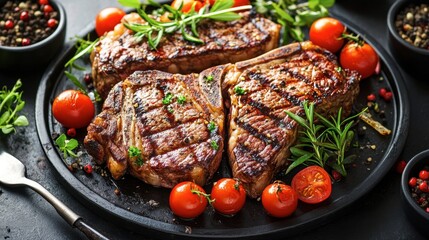 A gourmet steak dish served on a fine dining table, with elegant plating and delicate garnishes.