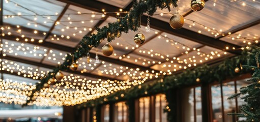 Fototapeta premium Cozy Holiday Decor with Twinkling Lights and Golden Ornaments in a Festive Indoor Setting