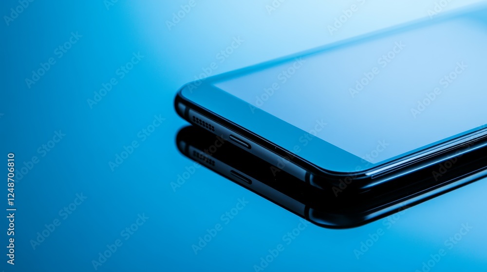 Poster close-up view of a sleek smartphone on a reflective surface with a blue gradient background