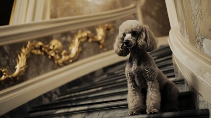 A graceful grey poodle sitting elegantly on a grand staircase adorned with gold accents and intricate designs, showcasing a luxurious interior