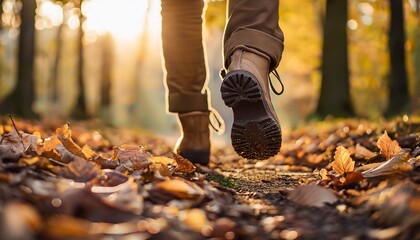 Generated image A close-up of a pair of boots crunching through fallen leaves on a forest path