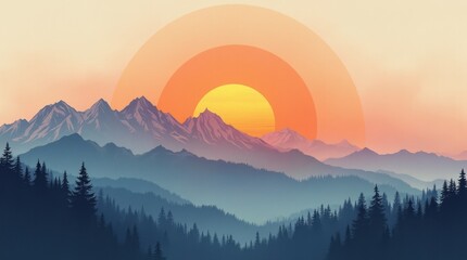 Sunset Oil Painting Collage Behind Mountain