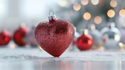 A holiday ornament in the shape of a heart, finished with glitter and displayed on a white surface.
