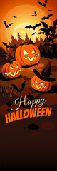 Halloween banner with tradition symbols. Pumpkins and bats on dark Moon background, illustration.
