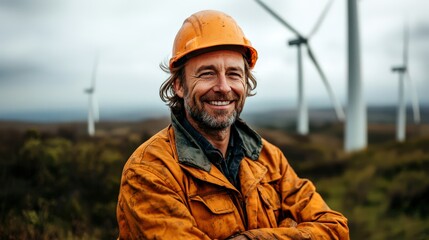 A skilled worker stands confidently with a bright smile against the backdrop of wind turbines, exemplifying determination, hard work, and the transition to renewable energy solutions.