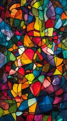 Colorful abstract stained glass artwork displayed in a vibrant pattern at a creative space