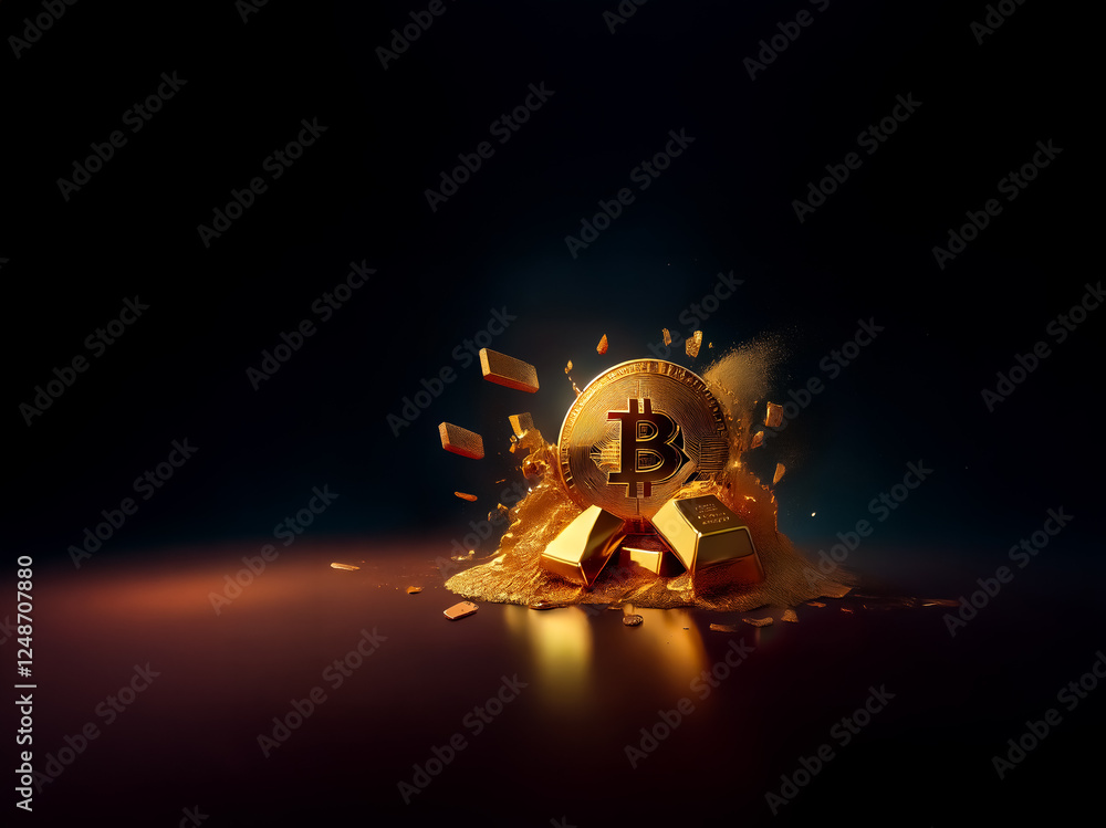 Aufkleber a gleaming golden bitcoin coin is positioned among gold bars and shimmering dust, all resting on a d