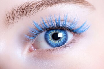 A close-up shot of a person's eye featuring blue eyelashes, suitable for beauty or fashion-related uses