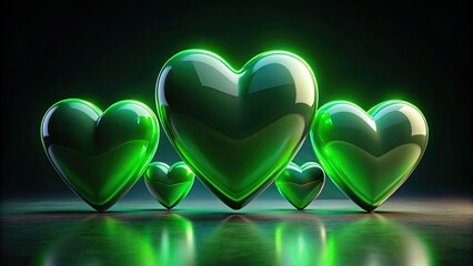 Dark silhouettes of 3D green hearts, a minimalist Valentine's Day romantic abstract.